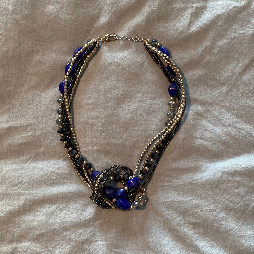 Blue, black, Silver Beaded Necklace